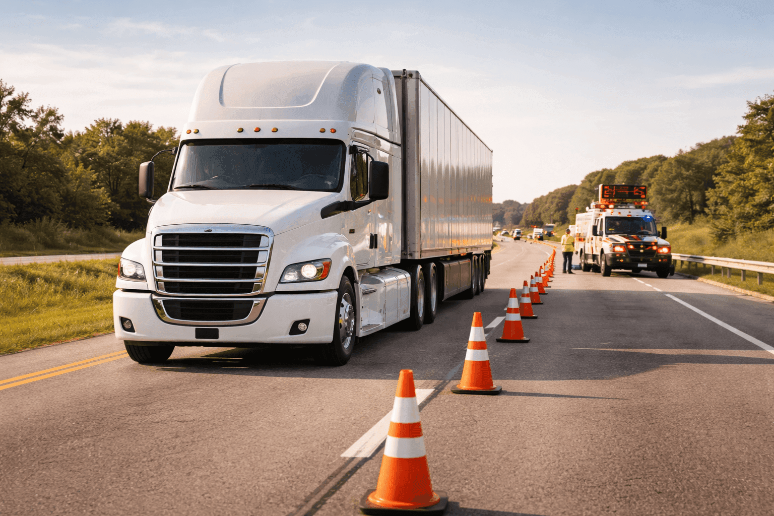 Truck at active incident scene on highway